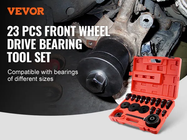 VEVOR wheel bearing press kit with red case and tools, compatible with various bearings.
