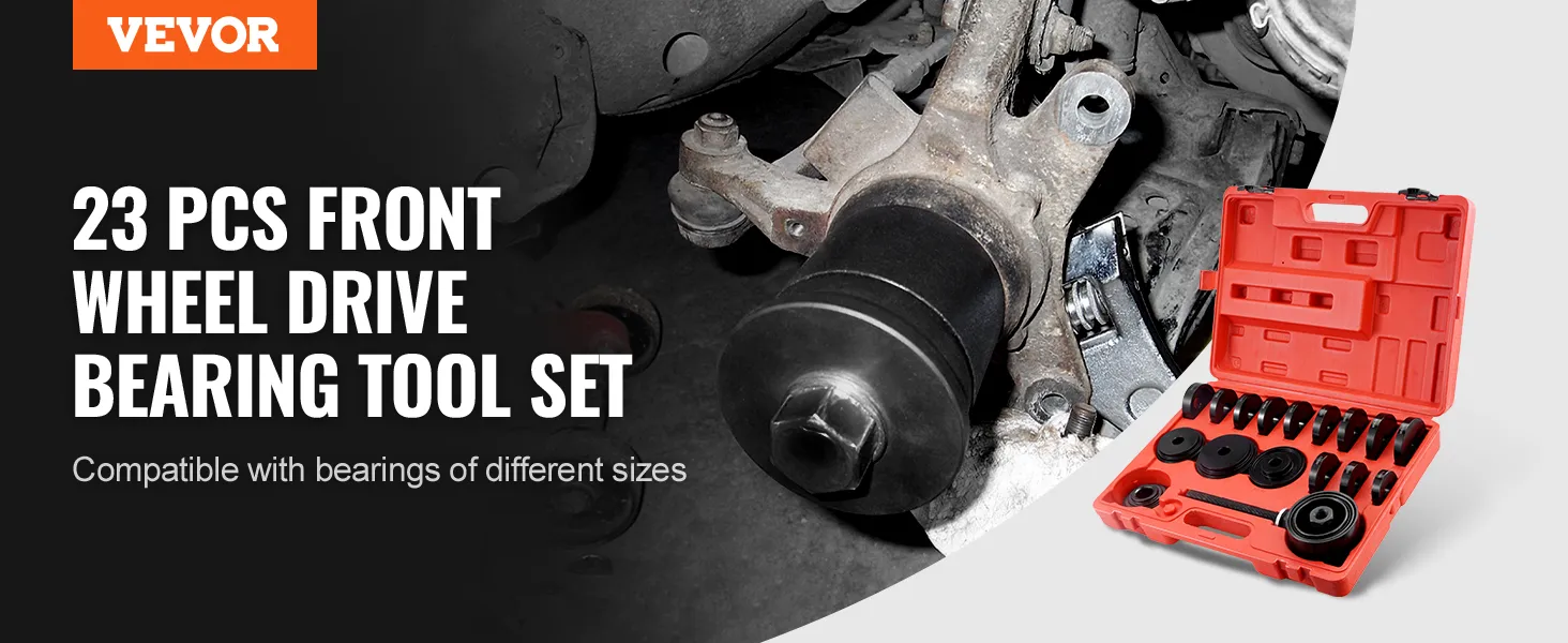 VEVOR wheel bearing press kit with red case and tools, compatible with various bearings.