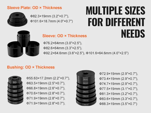 multiple sizes of bushings, sleeves, and sleeve plates for different needs in VEVOR wheel bearing press kit.