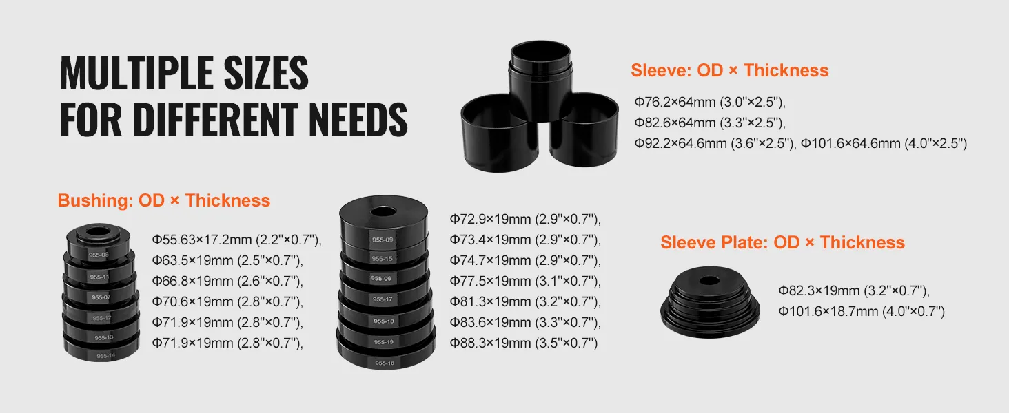 multiple sizes of bushings, sleeves, and sleeve plates for different needs in VEVOR wheel bearing press kit.