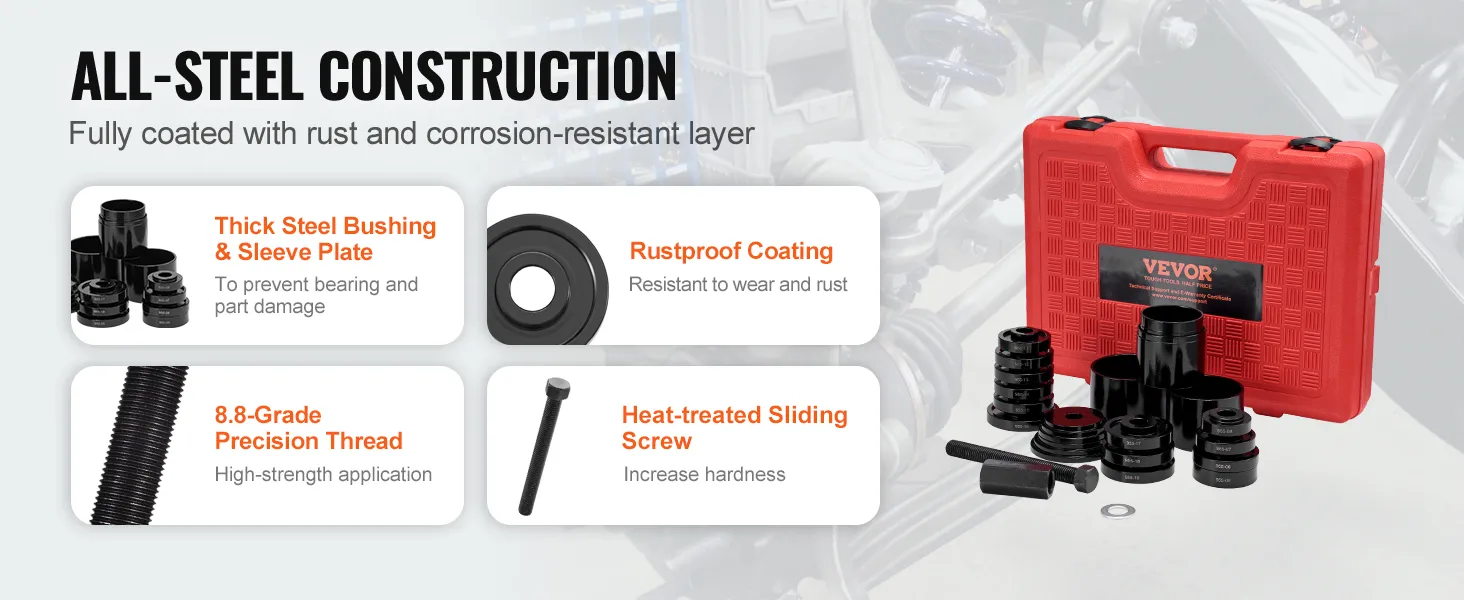 all-steel construction VEVOR wheel bearing press kit with rustproof coating and precision threads.