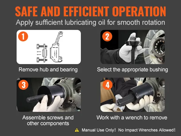 VEVOR wheel bearing press kit guide: remove hub, select bushing, assemble parts, use wrench to remove.