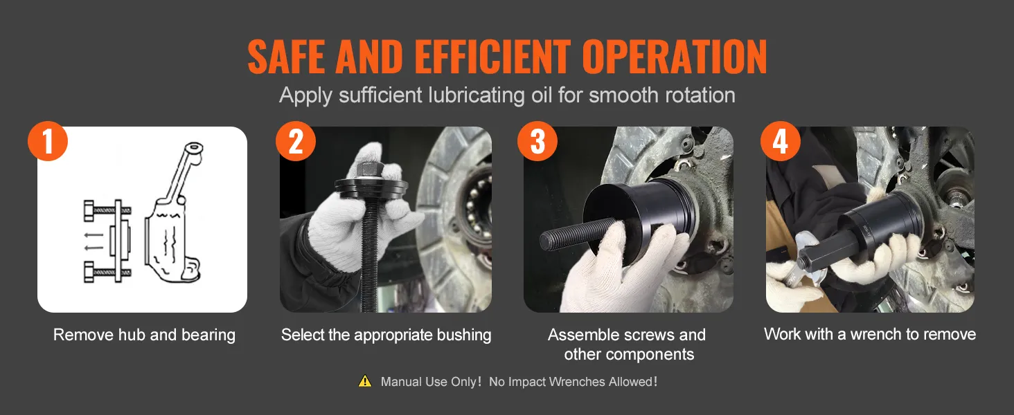 VEVOR wheel bearing press kit guide: remove hub, select bushing, assemble parts, use wrench to remove.