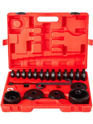 Estuche de plástico rojo que contiene el extractor de cojinetes de tracción delantera VEVOR con varias herramientas negras dispuestas en su interior.