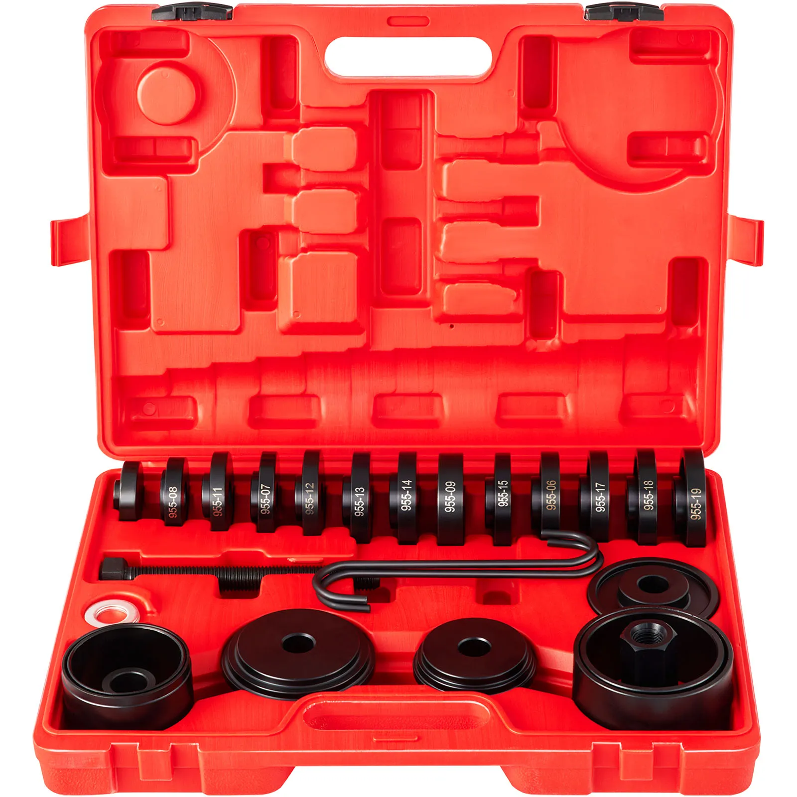 Estuche rojo con kit extractor de cojinetes de tracción delantera VEVOR que incluye múltiples herramientas y componentes negros.