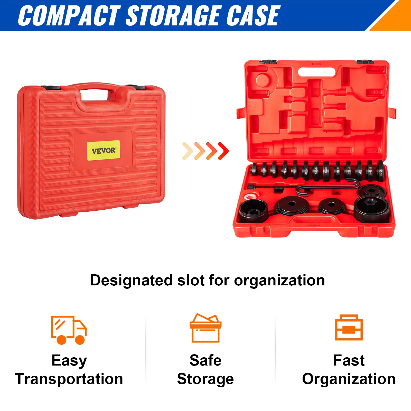 Estuche de almacenamiento compacto para extractor de cojinetes de tracción delantera VEVOR con compartimentos y herramientas organizados.