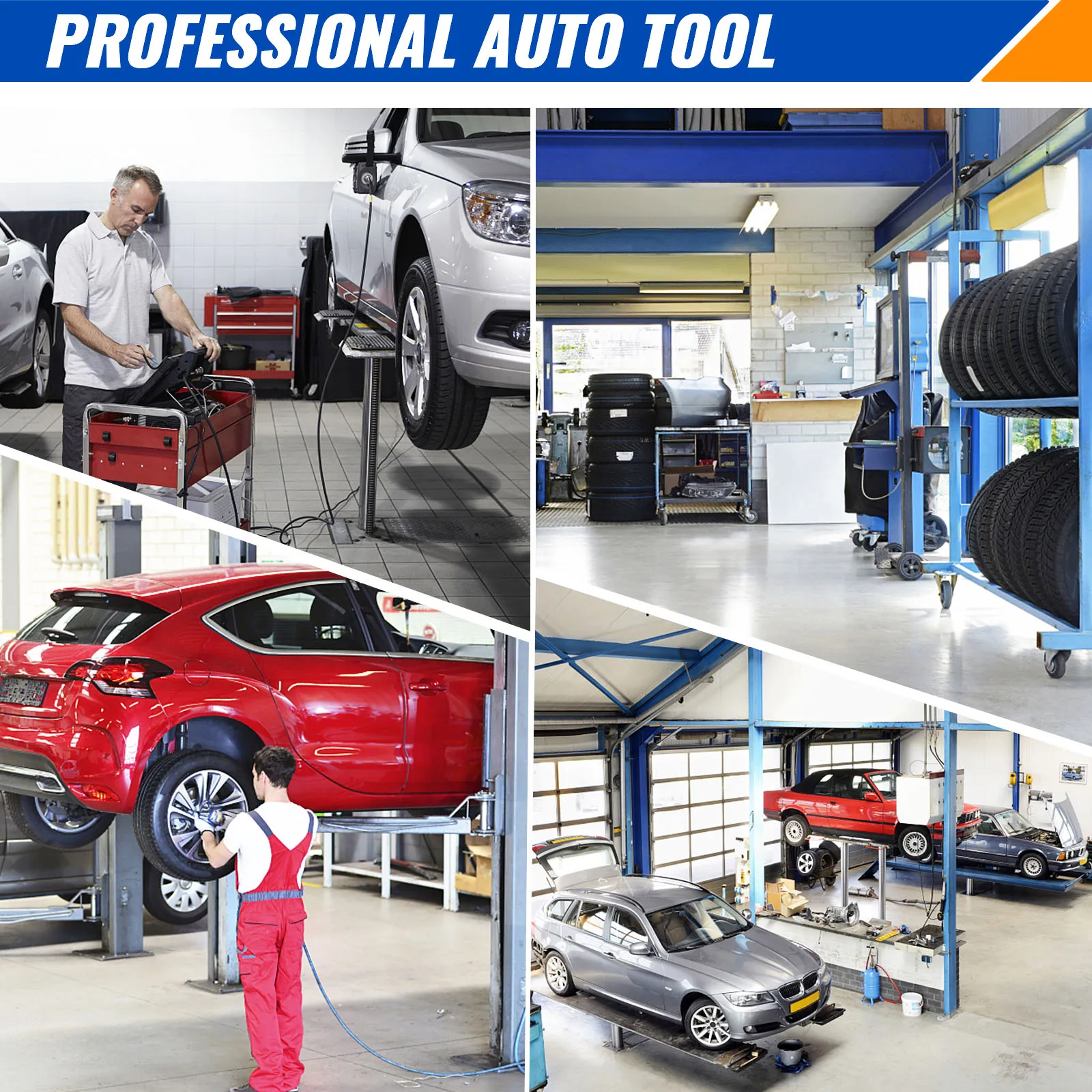 Taller mecánico profesional con coches en elevadores y un extractor de cojinetes de tracción delantera VEVOR en uso.