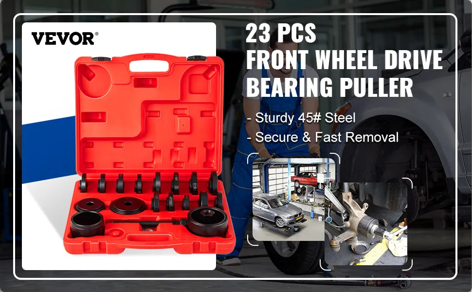 VEVOR front wheel drive bearing puller set in red case with 23 pieces and steel parts for easy bearing removal.