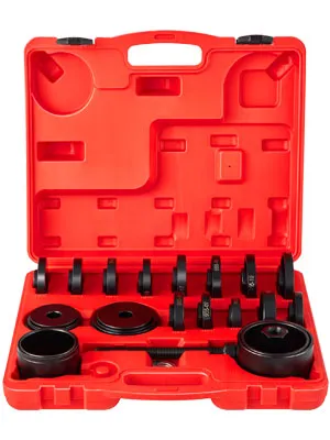 red case containing a VEVOR front wheel drive bearing puller kit with various tools and attachments.