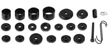 VEVOR front wheel drive bearing puller set with multiple black rings and tools arranged neatly.