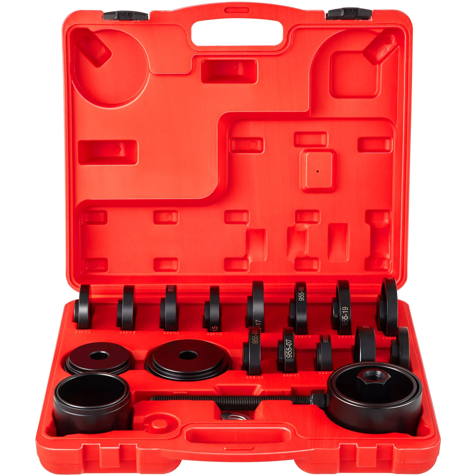 red case opened showing VEVOR front wheel drive bearing puller set with various black components.