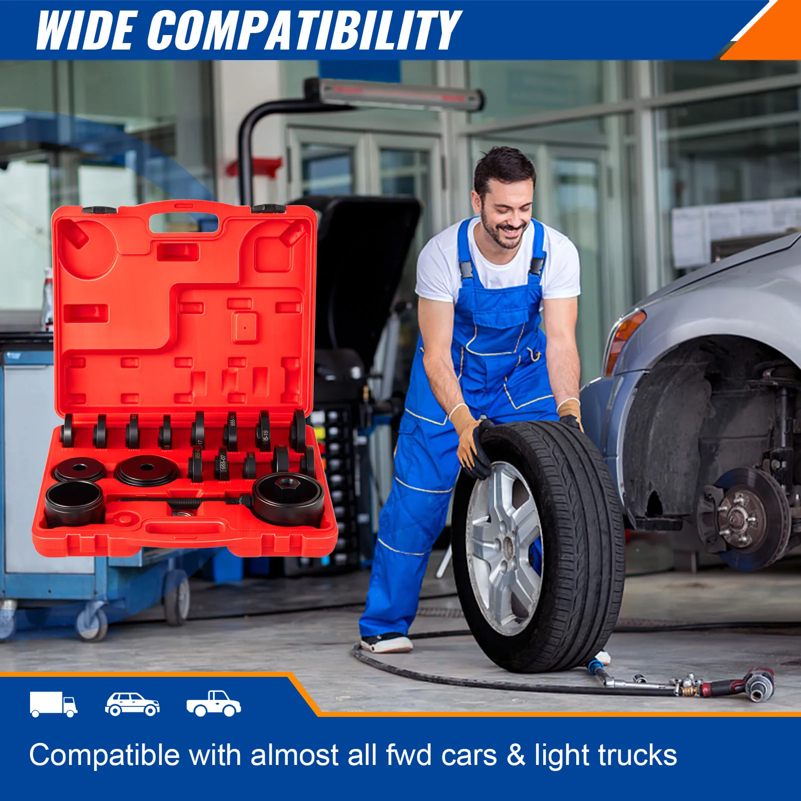 mechanic using VEVOR front wheel drive bearing puller kit, compatible with almost all fwd cars.