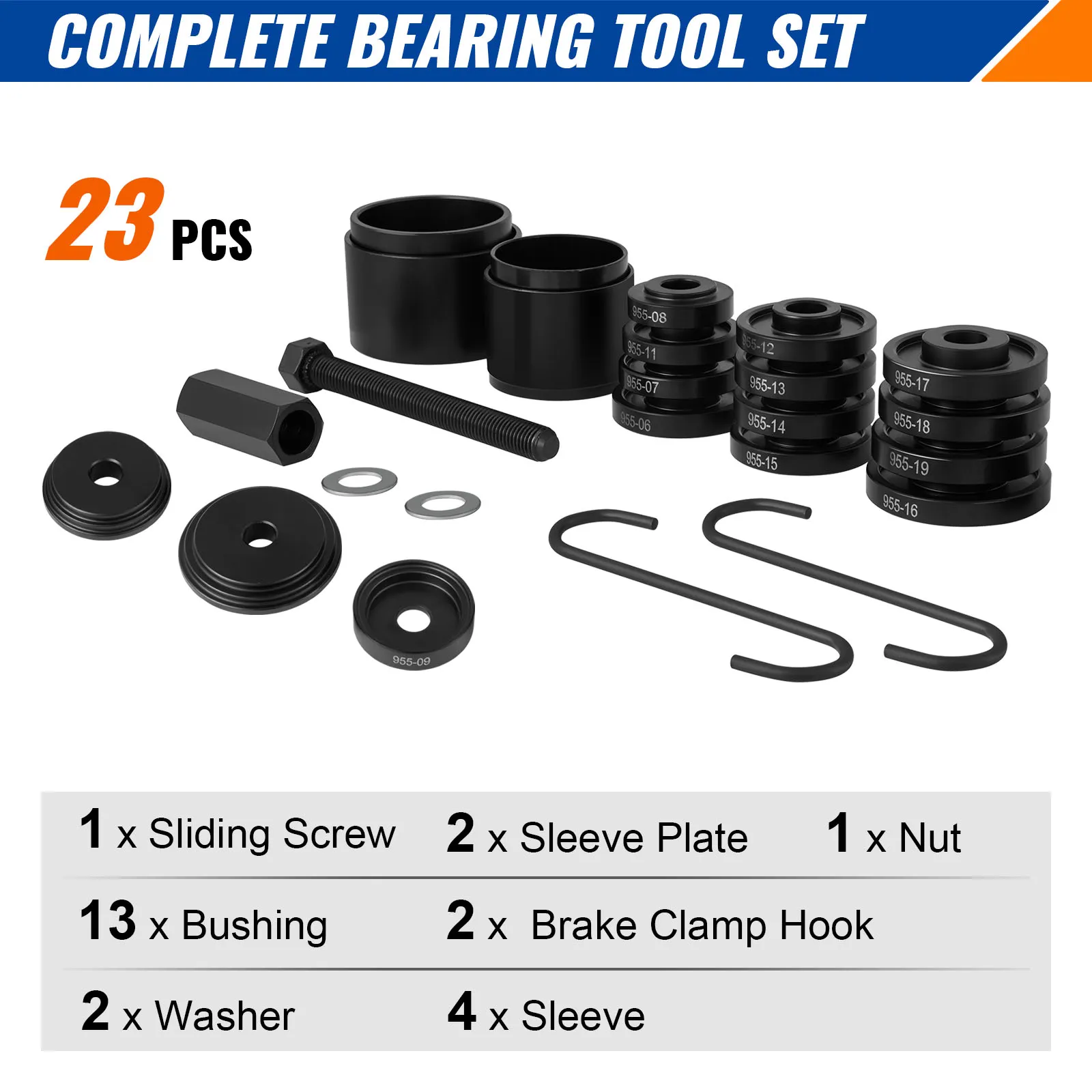VEVOR front wheel drive bearing puller set, 23pcs, including sliding screw, bushings, sleeves, and hooks.