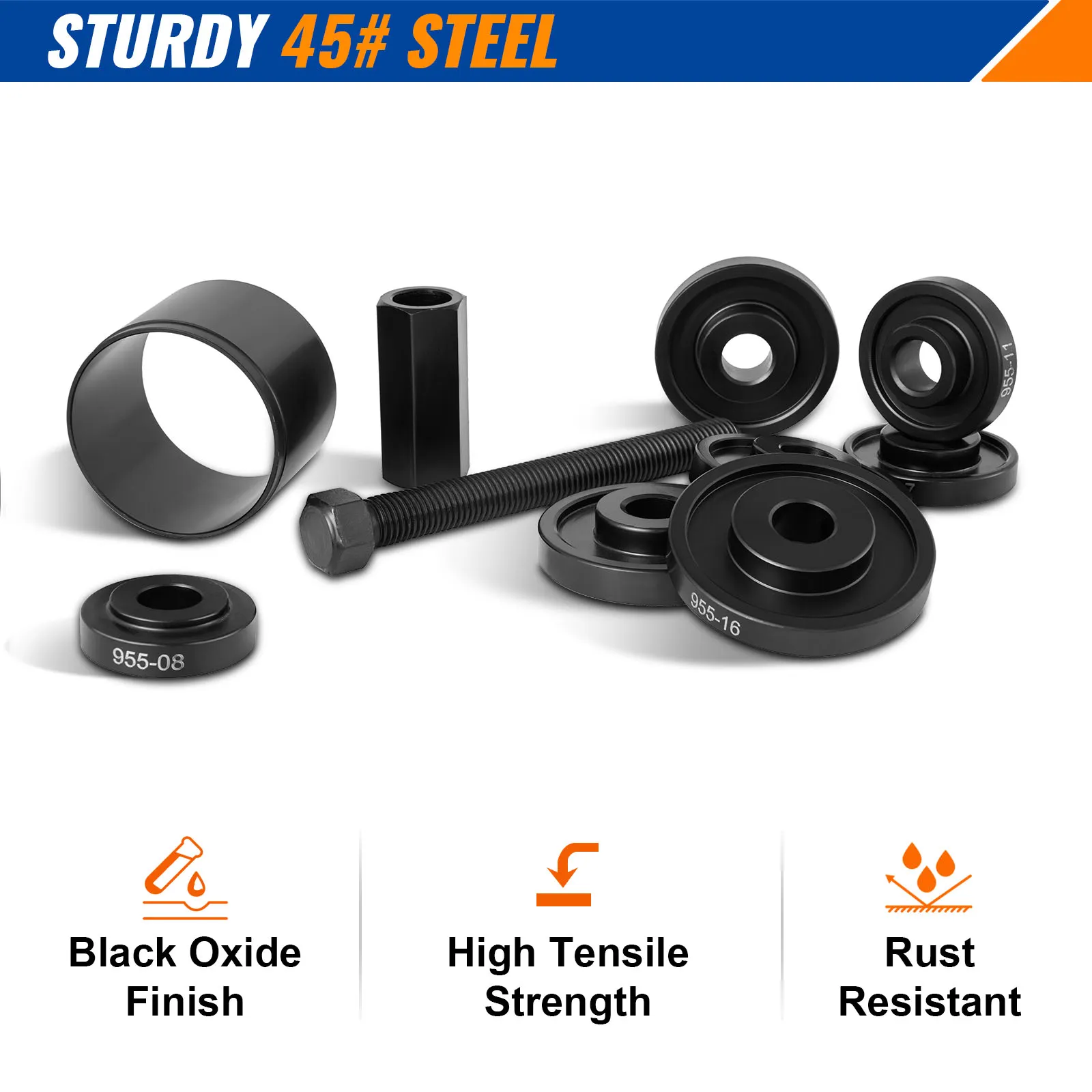 VEVOR front wheel drive bearing puller made of sturdy 45# steel with black oxide finish and rust resistance.