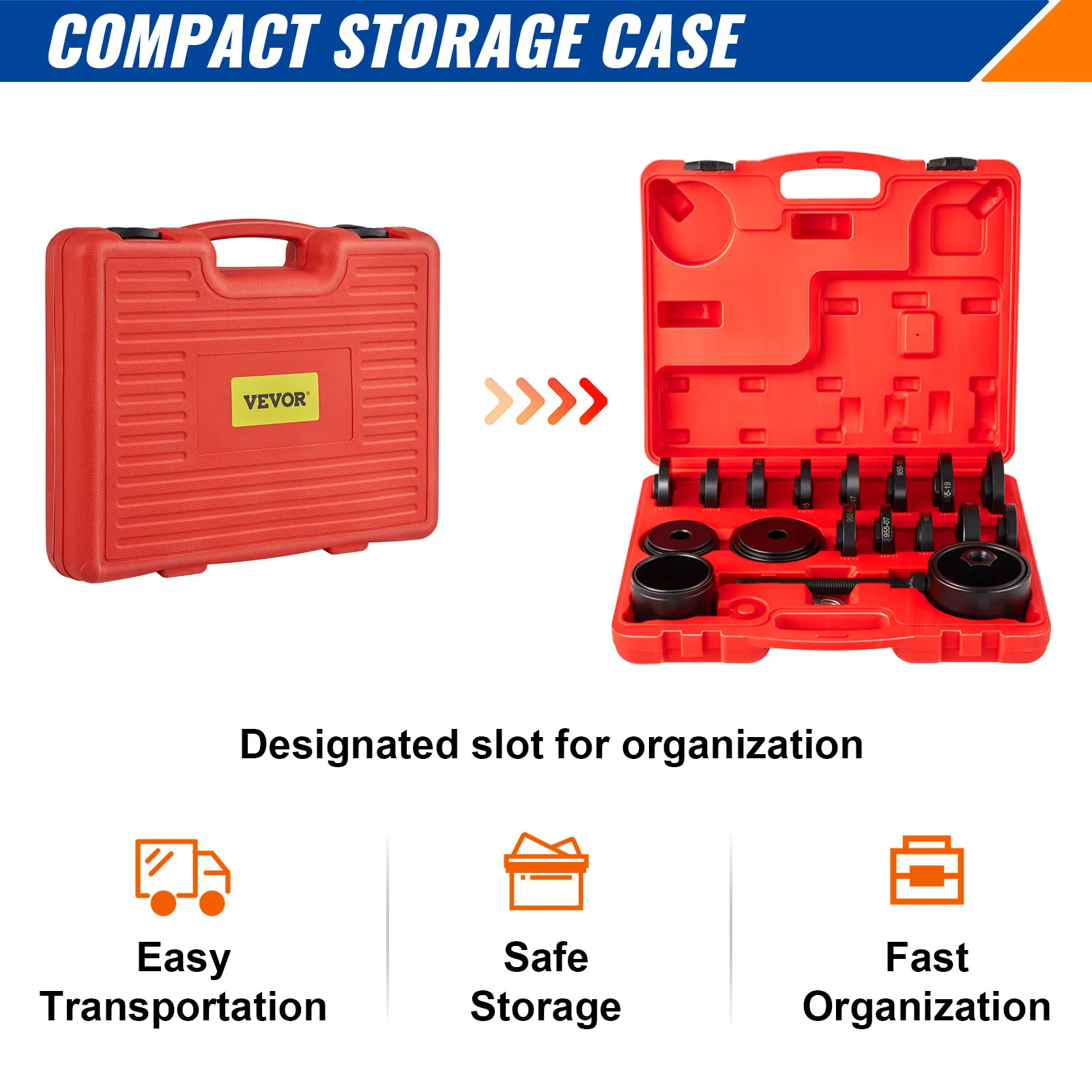 compact storage case for VEVOR front wheel drive bearing puller with slots for easy transport and organization.