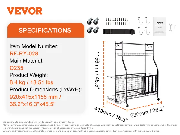 VEVOR sportuitrusting organizer, model rf-ry-028 met afmetingen 920x415x1156mm, inclusief montagemateriaal.