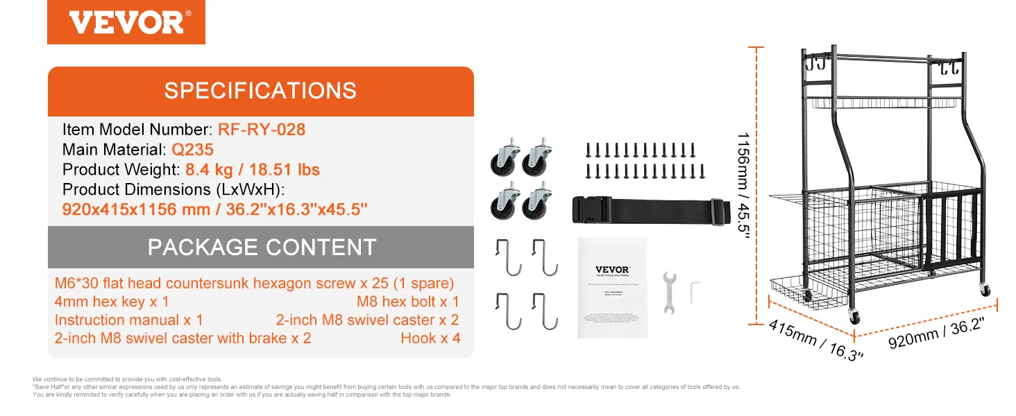 VEVOR sportuitrusting organizer, model rf-ry-028 met afmetingen 920x415x1156mm, inclusief montagemateriaal.