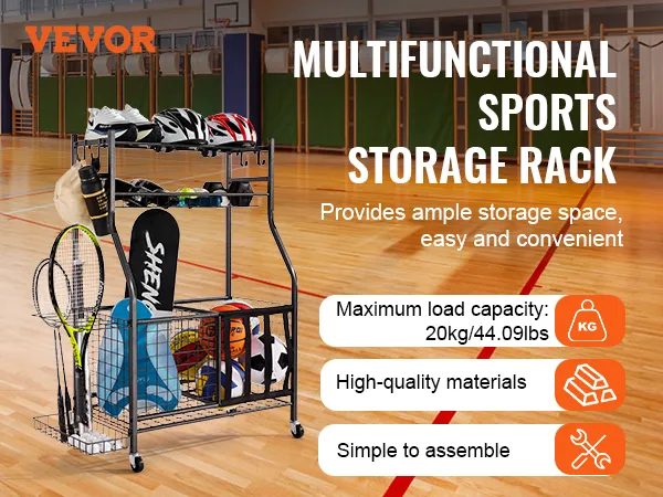 VEVOR-sportuitrustingorganizer in de sportschool, met opbergruimte voor helmen, ballen, bats en rackets.