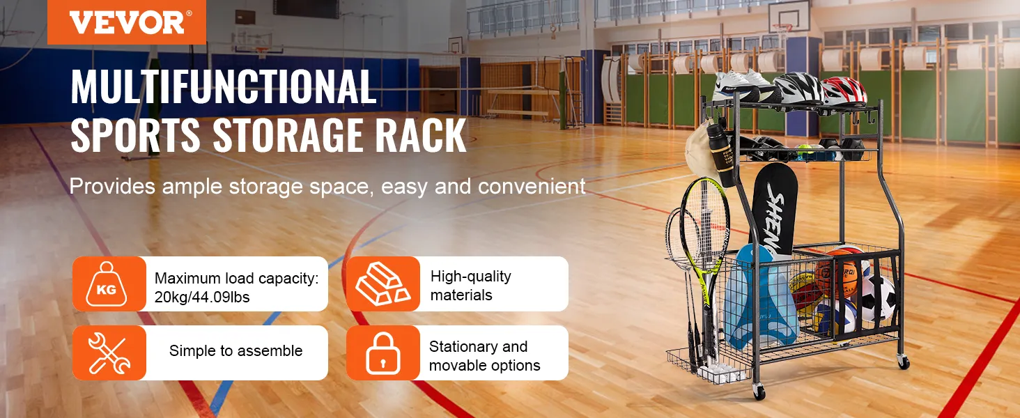 VEVOR-sportuitrustingorganizer in de sportschool, met opbergruimte voor helmen, ballen, bats en rackets.