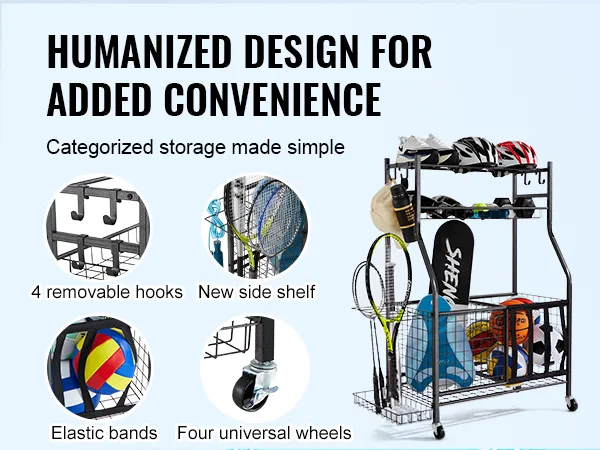 VEVOR sportuitrusting organizer met 4 afneembare haken, zijplank, elastische banden en universele wielen.