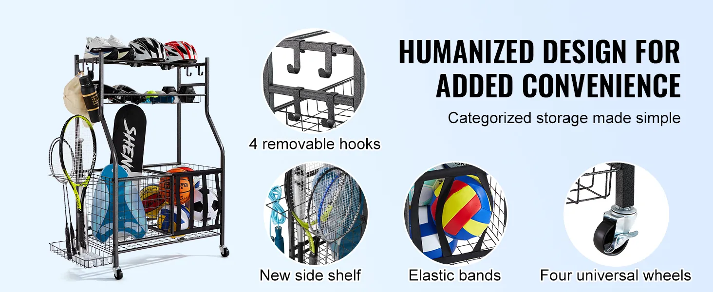 VEVOR sportuitrusting organizer met 4 afneembare haken, zijplank, elastische banden en universele wielen.
