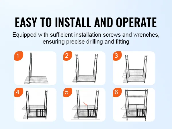 Montagestappen voor de VEVOR sportuitrustingorganizer, compleet met boormachine, schroeven en installatiegereedschap.