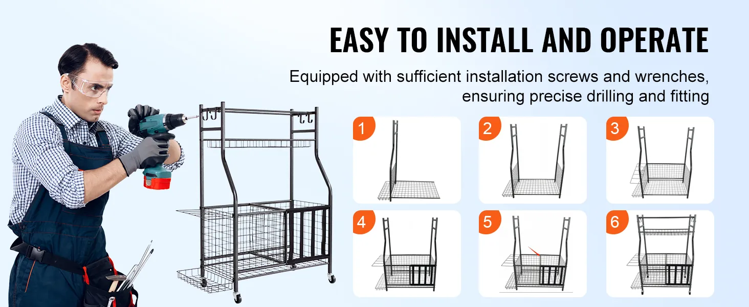 Montagestappen voor de VEVOR sportuitrustingorganizer, compleet met boormachine, schroeven en installatiegereedschap.