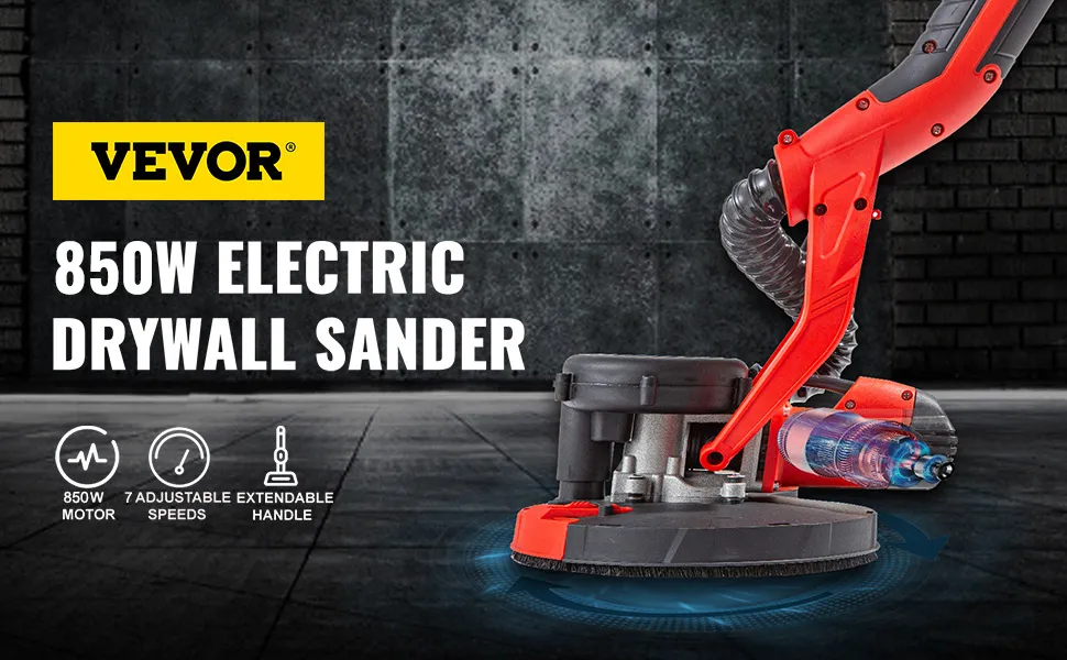 VEVOR drywall sander with 850w motor, 7 adjustable speeds, and extendable handle.