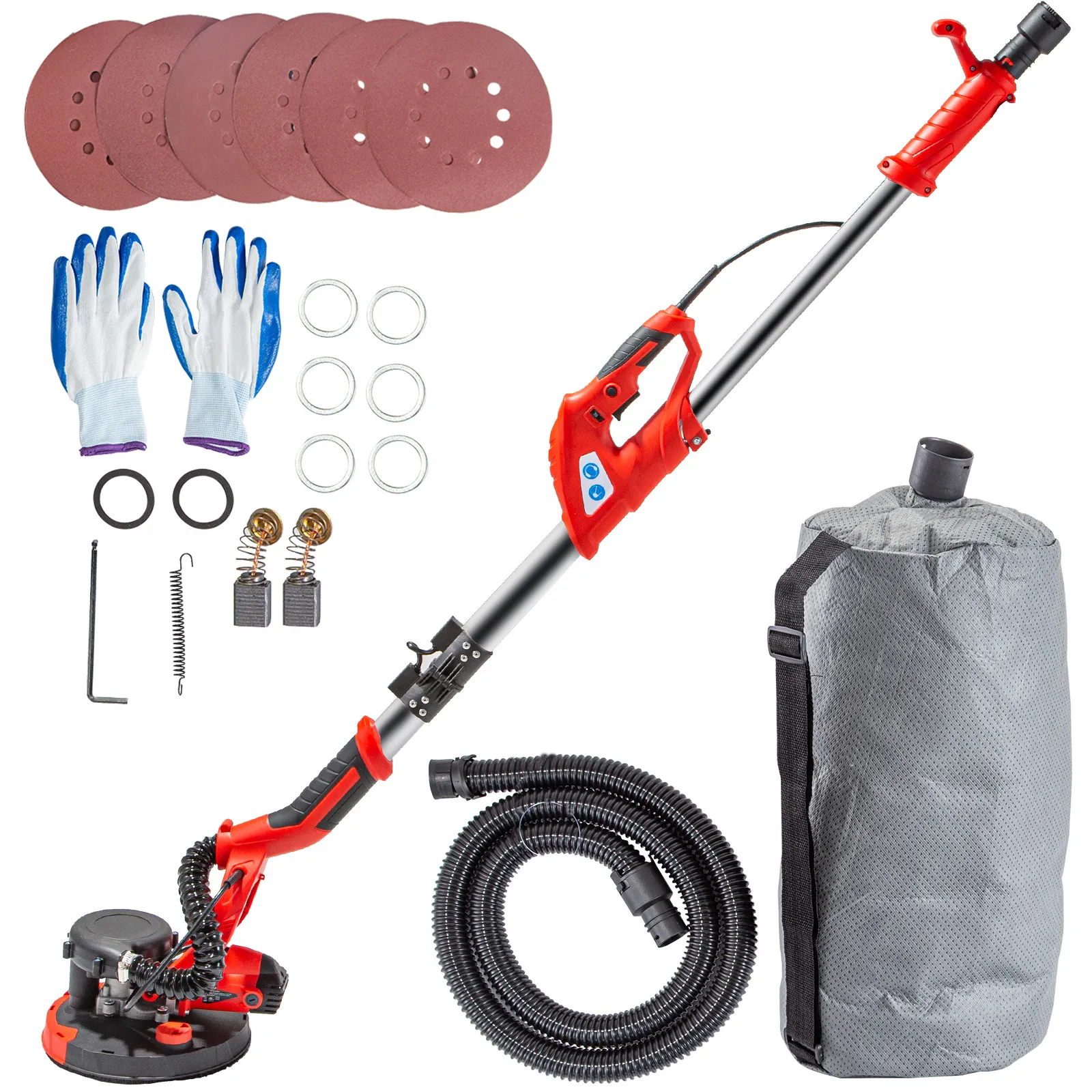 VEVOR drywall sander kit with sanding discs, gloves, and dust collection bag.