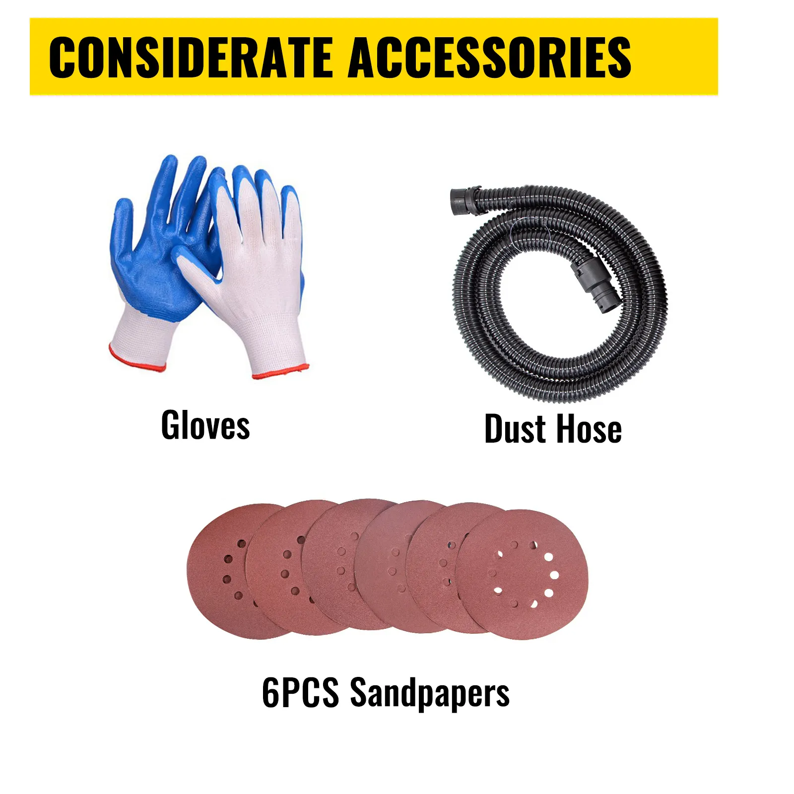 gloves, dust hose, and 6pcs sandpapers for VEVOR drywall sander. consistent accessories.