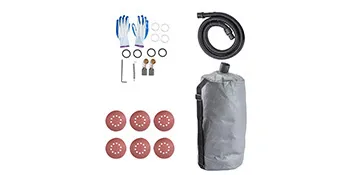 Zubehör für Trockenbauschleifer von VEVOR: Schleifteller, Staubbeutel, Schlauch, Handschuhe und Verbindungsstücke.