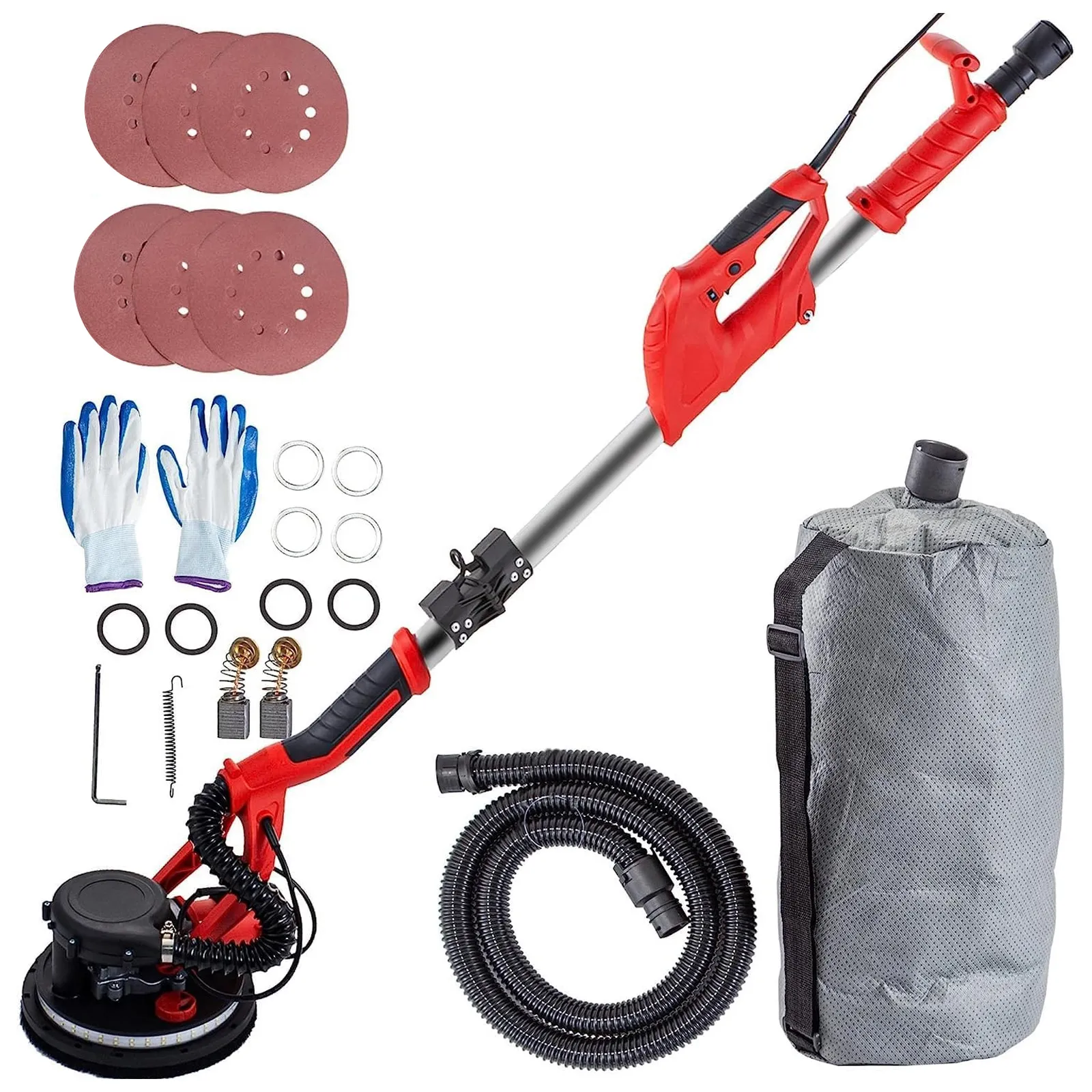 VEVOR Trockenbauschleifer mit Zubehör einschließlich Schlauch, Handschuhen und Schleiftellern.