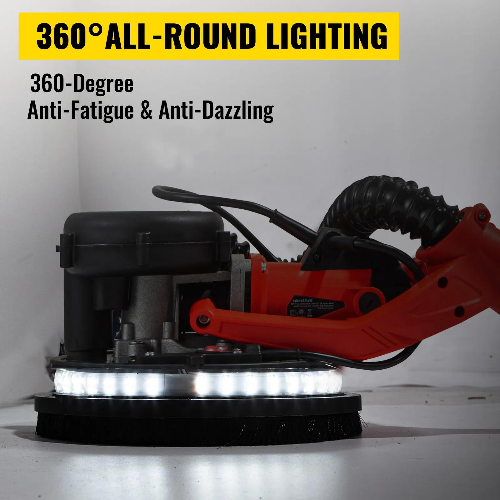 VEVOR Trockenbauschleifer mit 360° Rundumbeleuchtung, schwarz-orangefarbenes Design.