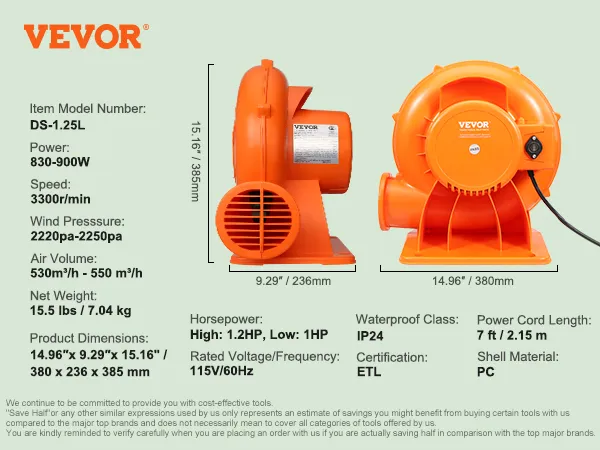 VEVOR bounce house blower ds-1.25l, 1.2hp, 830-900w, 7 ft cord, orange, 14.96"x9.29"x15.16".
