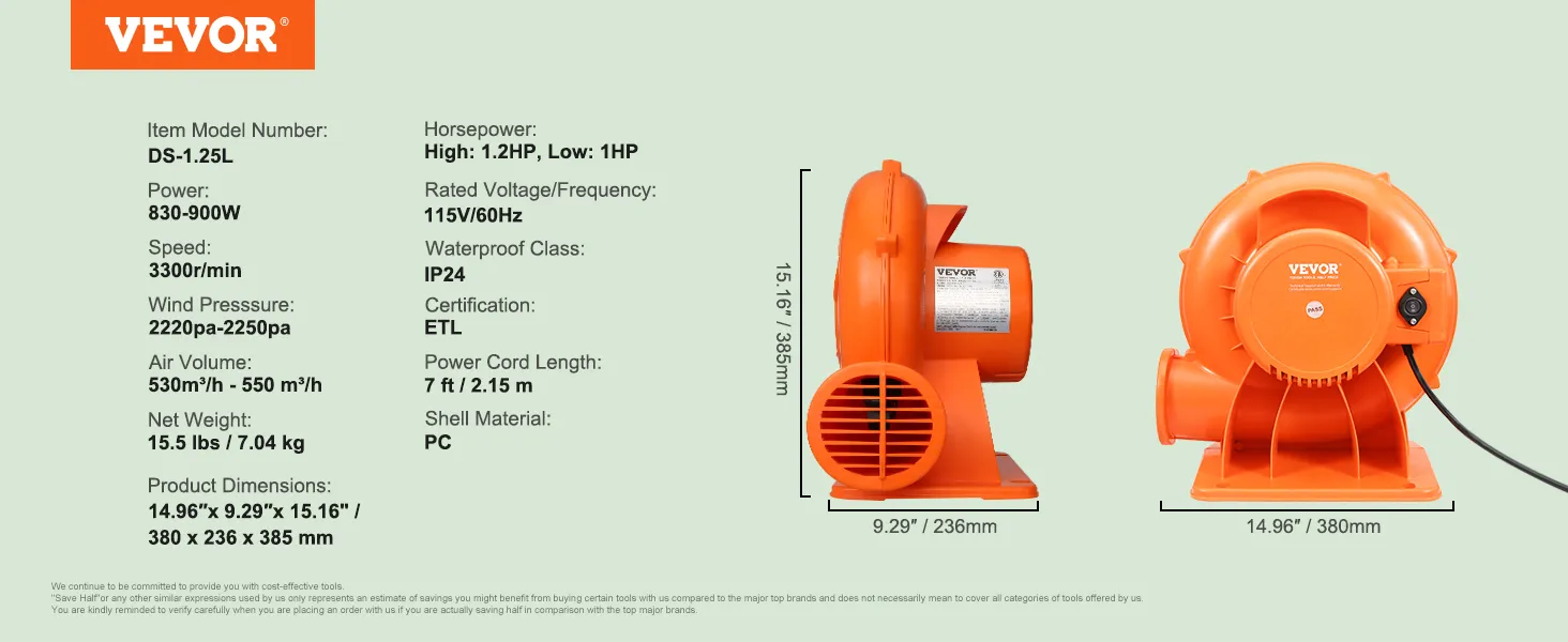 VEVOR bounce house blower ds-1.25l, 1.2hp, 830-900w, 7 ft cord, orange, 14.96"x9.29"x15.16".