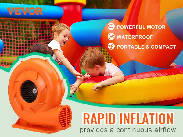 VEVOR bounce house blower with powerful motor, waterproof design, portable for rapid inflation.