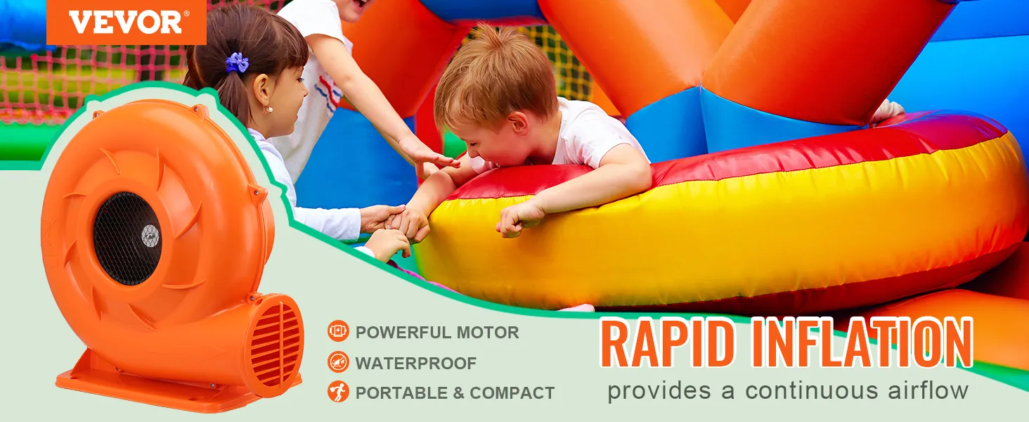 VEVOR bounce house blower with powerful motor, waterproof design, portable for rapid inflation.
