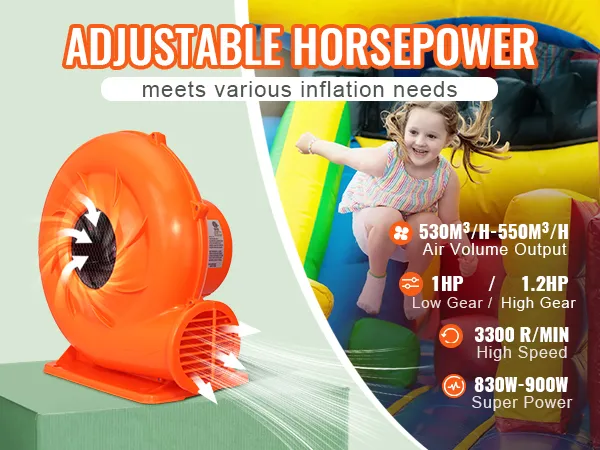 VEVOR bounce house blower with adjustable horsepower and inflatable play area with vibrant colors.