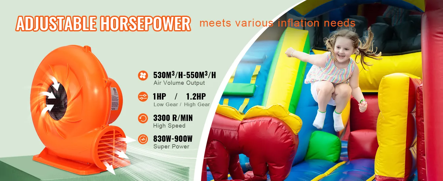 VEVOR bounce house blower with adjustable horsepower and inflatable play area with vibrant colors.