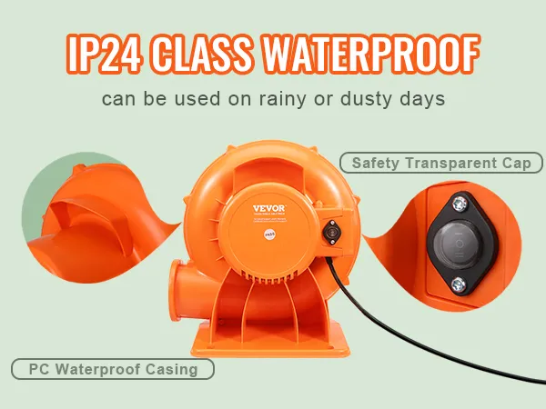 VEVOR bounce house blower, ip24 waterproof, safety transparent cap, pc waterproof casing.
