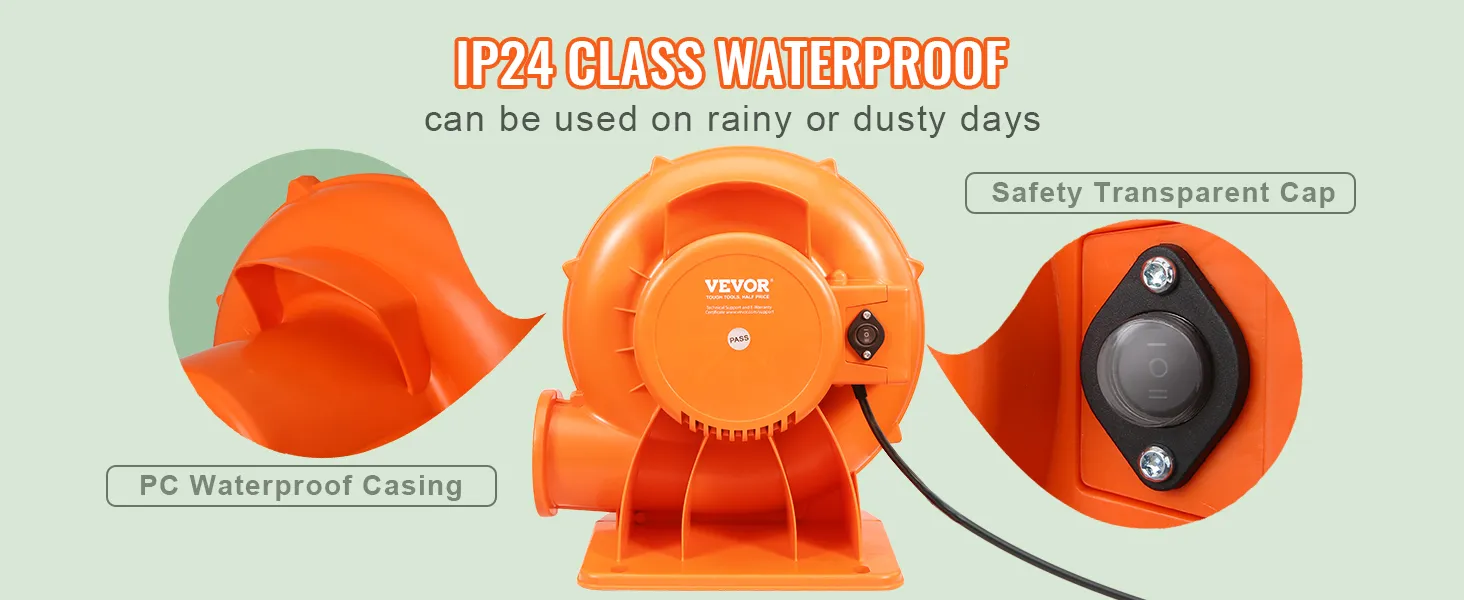 VEVOR bounce house blower, ip24 waterproof, safety transparent cap, pc waterproof casing.