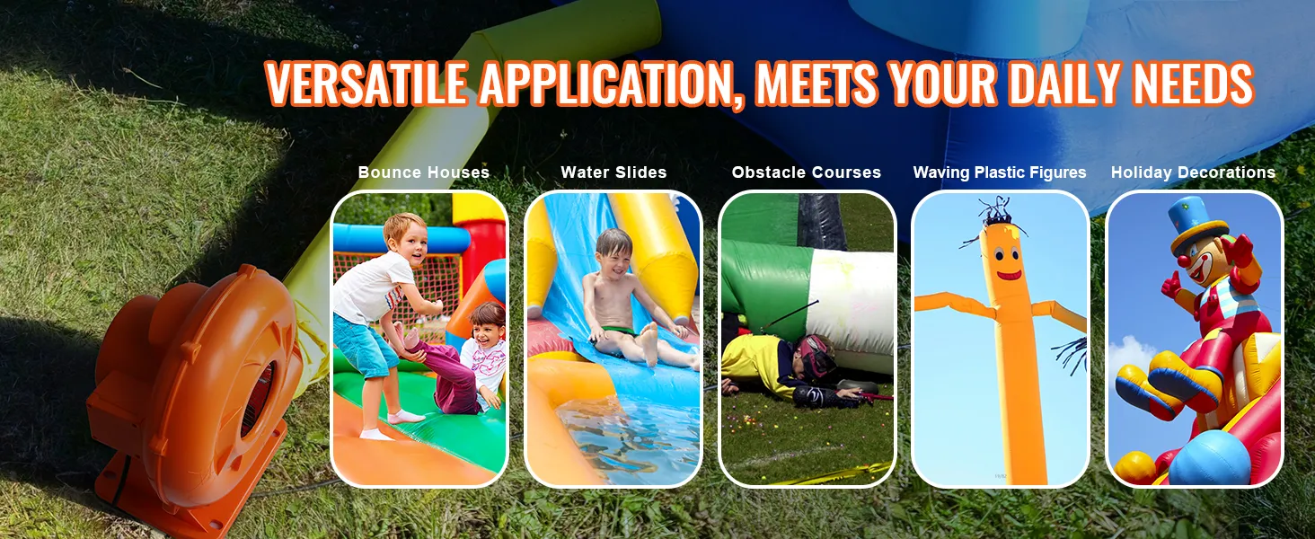 VEVOR bounce house blower for bounce houses, water slides, obstacle courses, plastic figures, decorations.
