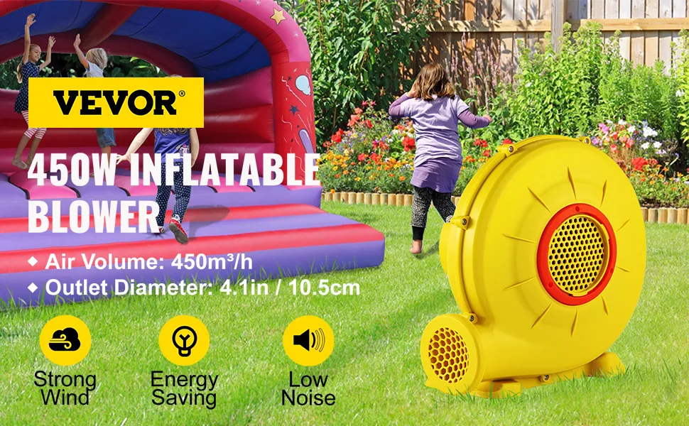 Hüpfburg-Gebläse von VEVOR mit Kindern, die im Garten auf einer Hüpfburg spielen. Highlight: „450 W Hüpfburg-Gebläse“.