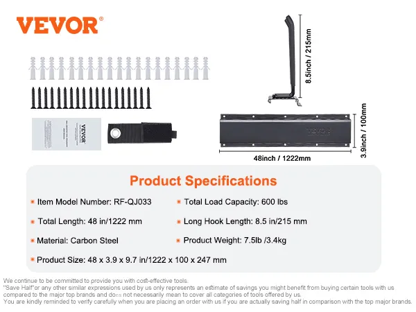 Specificaties van de VEVOR garagegereedschapsorganizer: 122 cm lang, draagvermogen van 272 kg, gemaakt van koolstofstaal, haak van 21,5 cm.