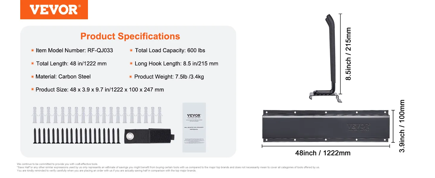 Specificaties van de VEVOR garagegereedschapsorganizer: 122 cm lang, draagvermogen van 272 kg, gemaakt van koolstofstaal, haak van 21,5 cm.