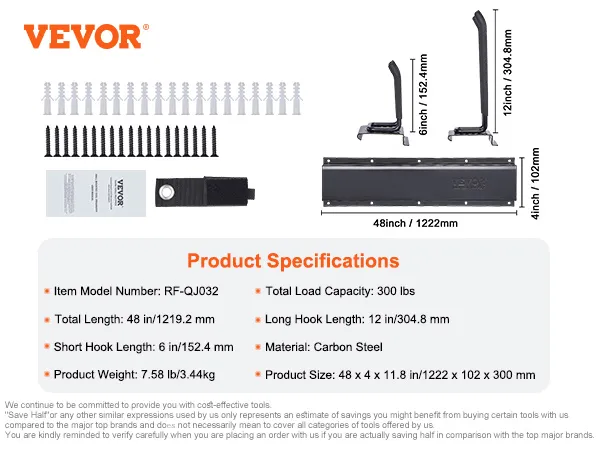 VEVOR garage tool organizer specs: 48in long, 300lb capacity, 6in and 12in hooks, carbon steel, 7.58lbs.