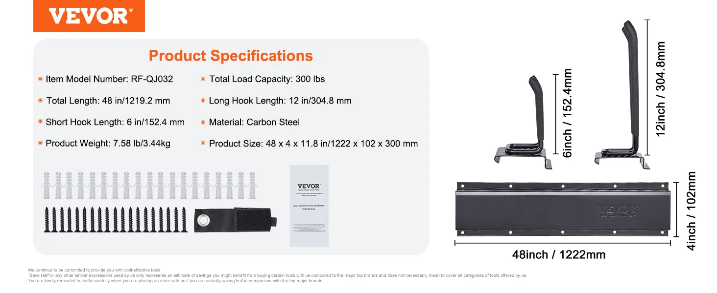 VEVOR garage tool organizer specs: 48in long, 300lb capacity, 6in and 12in hooks, carbon steel, 7.58lbs.