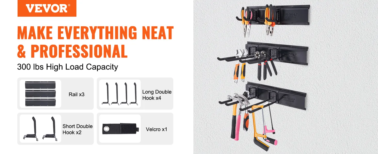 VEVOR garage tool organizer with hooks and rails for a neat and professional tool storage solution.