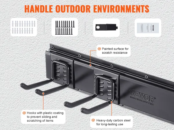 hooks with plastic coating and painted surface on the VEVOR garage tool organizer for scratch resistance.