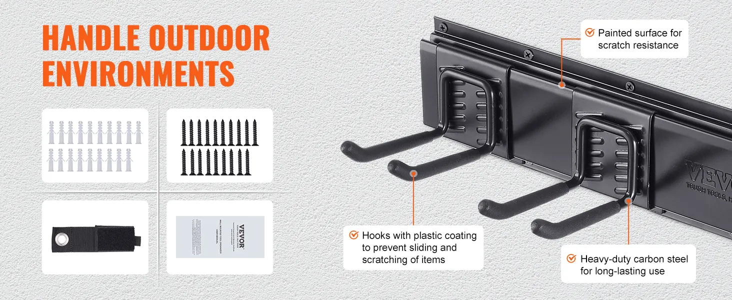 hooks with plastic coating and painted surface on the VEVOR garage tool organizer for scratch resistance.